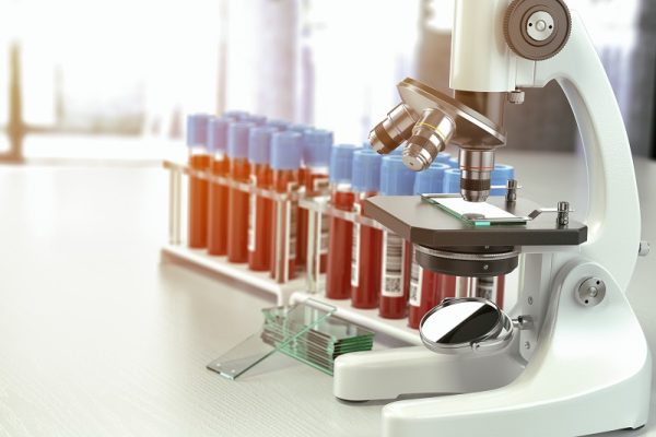 Microscope medical test tubes with blood samples in laboratory, 3d illustration