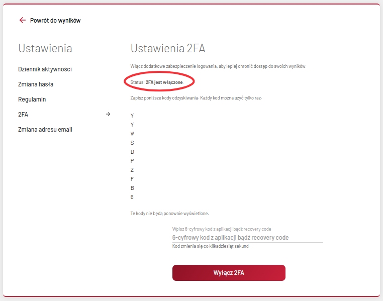 2FA włączone na koncie klienta w badaj.to