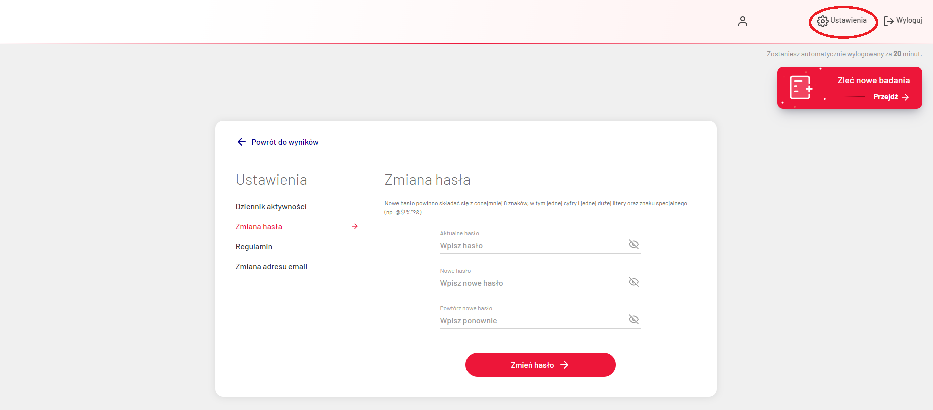 Ustawienia zmiana hasła